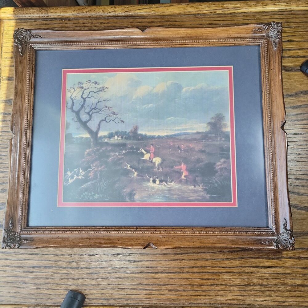 VTG Ornate 16x13 Picture Frame Brown Wood Texture 8X10 DBL Navy & Red Inset Mat